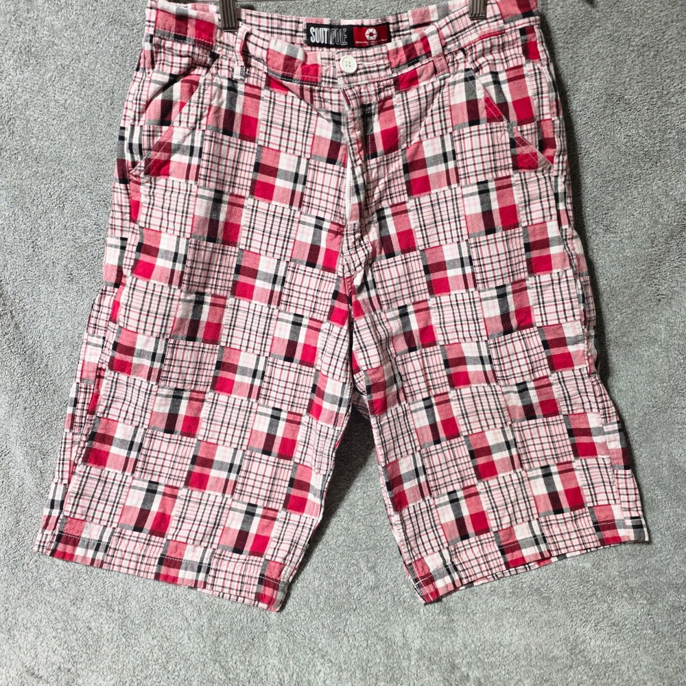 Southpole Mens Red Plaid Patchwork Cotton Shorts Size 36 Streetwear Y2K Hip Hop